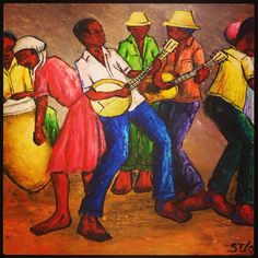 a painting of some people playing instruments