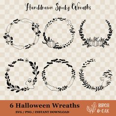 six halloween wreaths with pumpkins and leaves