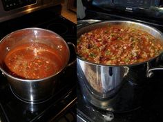 two pictures side by side with one being cooked and the other being stewed in a pot