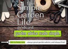 the simple garden life episode with gardening supplies and tools on a wooden table, including scissors