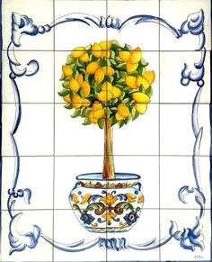 a painting of a potted plant with lemons in it on a tile wall