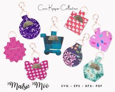 the keychain is made out of fabric and has different designs on it, including pink