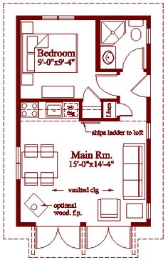 a floor plan for a small house with two bedroom and an attached living room area