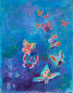 an oil painting of colorful butterflies flying in the air