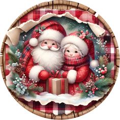 two santa clauses sitting on top of a wooden plate with holly wreaths and pine cones