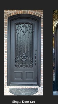 two doors side by side, one black and the other dark with wrought iron designs