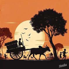 an image of a man riding on the back of a horse drawn carriage in front of a sunset