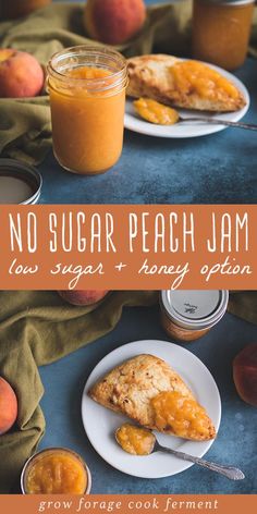 no sugar peach jam is on the table next to two plates with food and jars