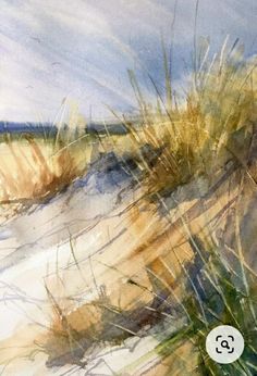 watercolor painting of grass and sand on the beach