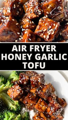 an air fryer honey garlic tofu recipe with broccoli and sesame seeds