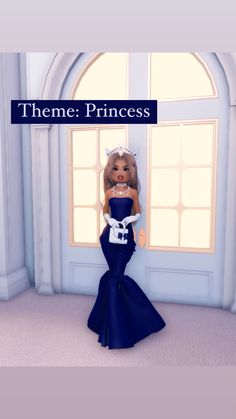 a barbie doll is standing in front of a window with the words theme princess on it