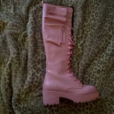 Baby Pink High Knee Platform Lace Up Combat Boots Size 8 Wrestling Boots Women, Pink Platform Lace-up Boots With Round Toe, Pink Round Toe Lace-up Boots For Fall, Pink Lace-up Boots With Round Toe For Fall, Pink Lace-up Combat Boots, Pink Faux Leather Winter Boots, Winter Pink Faux Leather Boots, Pink Knee-high Leather Boots, Pink Leather Platform Boots For Fall