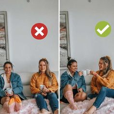 three women sitting on a couch drinking coffee and having conversation with each other while the woman is holding a mug