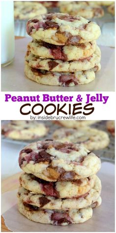 peanut butter and jelly cookies stacked on top of each other with the words, peanut butter and jelly cookies