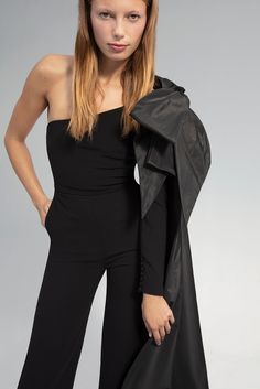 Description Black Jumpsuit, Long dress Sleeveless Open neckline One Shoulder Crepe Dry Clean Made in Spain SKU 22-06 Black Fr, Crepe Jumpsuit, One Shoulder Jumpsuit, Flare Trousers, Black Jumpsuit, The Crown, Fitted Bodice, Flare Pants, Bodice