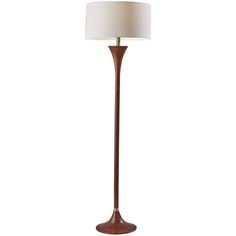 a wooden floor lamp with a white shade