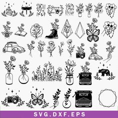 the svg dxf files includes flowers, plants and old typewriters