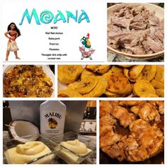 there are pictures of different foods in the kitchen and on the table, along with an advertisement for moan