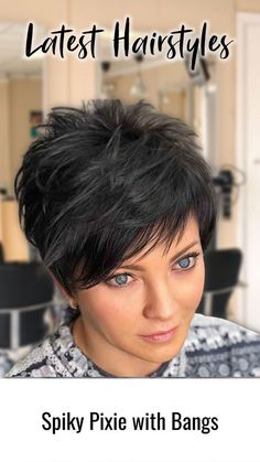 spiky-pixie-with-bangs Short Hair Not Pixie, Pixie Hair For Fine Hair, Short Bangs Long Hair Hairstyles, Women's Short Spiky Haircuts, Spunky Pixie Haircut, Wispy Short Hairstyles, Spiky Pixie Haircut Spikes Shaved Sides, Spiky Pixie Haircut Spikes With Bangs, Pixie Spiked Hairstyles