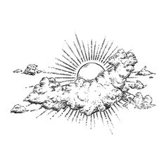 an ink drawing of the sun and clouds