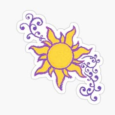 a yellow and purple sun sticker on a white background with swirls around it