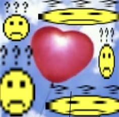 a red heart surrounded by yellow smiley faces and an angel shaped balloon in the sky