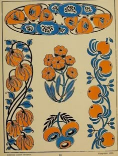 an orange and blue floral design on a white background, with flowers in the center