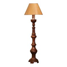 a wooden lamp with a brown shade on it's base and a white background