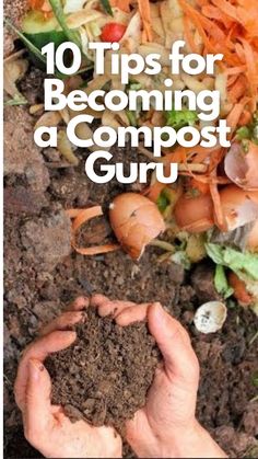 two hands are holding dirt in front of a pile of vegetables and carrots with the words, 10 tips for becoming a compost guru