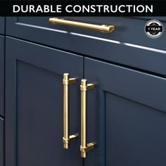 an image of kitchen cabinets with brass handles and knobs on the front door, which is labeled'double construction '