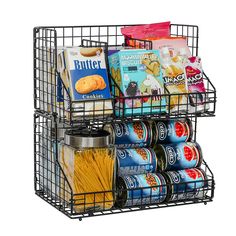 a metal basket with food items in it