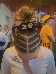 Competition Hair Cheerleading, Hair Ideas For Gymnastics Meets, Gymnastics Comp Hair, Gymnastics Competition Hair Braids, Braids For Gymnastics, College Gymnastics Meet Hair, Hairstyles For Gymnastics Competitions, Cheer Comp Hair