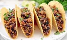 Black Bean Quinoa Tacos ~ Hearty black beans and quinoa with spices, lime, and onion, in crispy shells and ready for your favorite toppings. Black Beans And Quinoa, Taco Spices, Beans And Quinoa, Mexican Sour Cream, Quinoa Tacos, Bean Quinoa, Taco Spice, Taco Toppings, Black Bean Quinoa