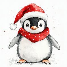 a penguin wearing a red and white hat with a scarf around it's neck