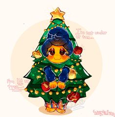 a cartoon christmas tree with a teddy bear in it's lap and an ornament on the top