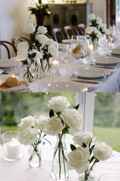 there are many white flowers in vases on the table and at the dinner table