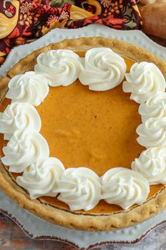 a pumpkin pie with whipped cream on top