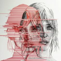 two women's faces with red lines on them