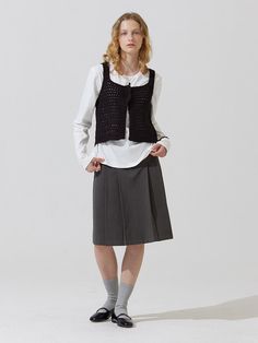 Composition : Acrylic 100%Color : BlackCountry of Origin : Republic of Korea Pleated Midi Skirt, Dress With Cardigan, Knit Vest, Midi Skirt, Knitwear, Composition, Skirt, Knitting, The Originals