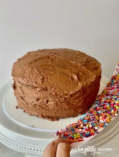 a chocolate frosted cake with sprinkles on a white plate next to a hand