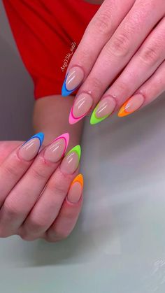 Round Rainbow Nails, Block Colour Acrylic Nails, Colorful Nail Tip Designs, Neon Rainbow Nails French Tips, Clear Nails With Neon Design, Clear Nails With Color Design, Fun Almond Nails Art Designs Summer, Fun Color French Tip Nails, Edc Nails Designs Almond