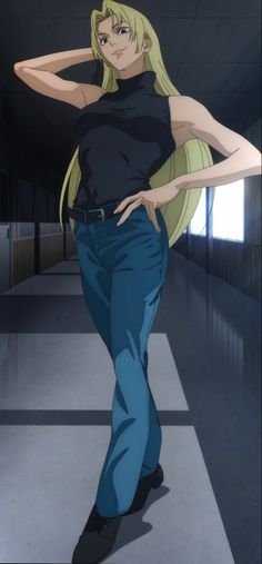 an anime character with long blonde hair and blue jeans is walking down the hallway, her hand on her hip