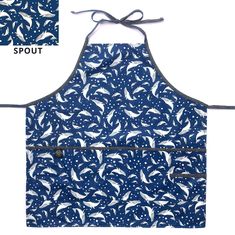 a blue apron with white birds on it and the words spout written in black