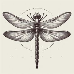 a black and white drawing of a dragonfly with wings spread out, sitting on top of