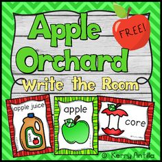 an apple orchard write the room game with pictures and words on green chevron background