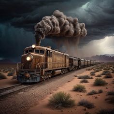 a train traveling through a desert under a dark sky with lightning coming from behind it