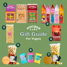 the popcorn shed's gift guide for vegans is featured in this graphic above