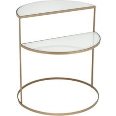 two tiered glass shelf with gold metal frame and round bottom, on white background