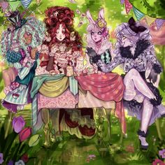 three women sitting at a table with bunnies hanging from the trees in front of them