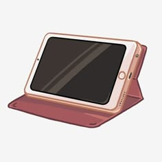 an electronic device with a leather case on it's side, showing the screen